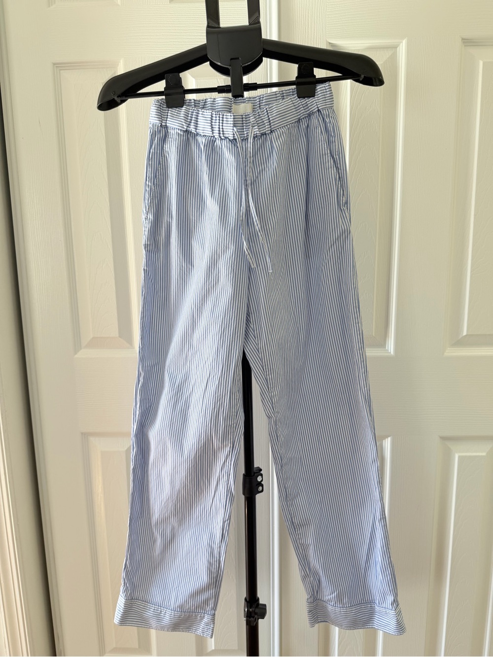 Arket Light Blue and White Pinstripe Drawstring Chinos